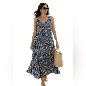 Perennials Resort Wear Rayon Maxi Dress Navy White Leaf Print Made in USA M